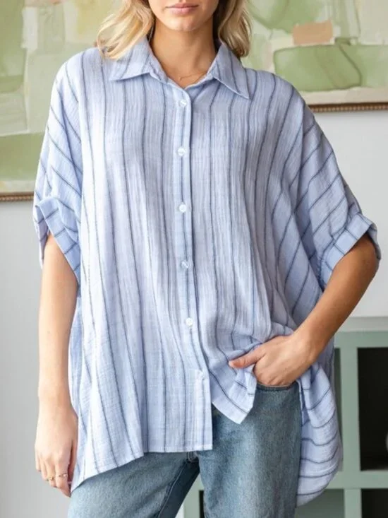 T11. Blue Striped Oversized Button-Down Shirt - Picture 1 of 6